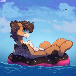 Size: 4000x4000 | Tagged: safe, artist:avery-valentine, imported from derpibooru, oc, oc only, bird, pegasus, pony, blue eyes, blue sky, colored wings, floating, floaty, folded wings, inner tube, looking at you, multicolored hair, multicolored mane, multicolored wings, ocean, pool toy, relaxed, relaxing, sky, smiling, smiling at you, spread legs, spreading, summer, sunbathing, vacation, water, wings
