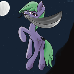 Size: 2000x2000 | Tagged: safe, artist:starfall119, imported from derpibooru, oc, oc only, earth pony, pony, butt, moon, mouth hold, night, plot, simple background, solo, sword, tail, tail wrap, weapon