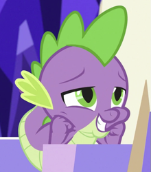 Size: 475x541 | Tagged: safe, imported from derpibooru, screencap, spike, dragon, father knows beast, cropped, cute, friendship throne, lidded eyes, smiling, solo, spikabetes