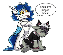 Size: 1224x1065 | Tagged: safe, artist:hiddenfaithy, imported from derpibooru, oc, oc only, oc:aurora, oc:nightfall haze, hengstwolf, pegasus, unicorn, werewolf, wolf, wolf pony, :p, bipedal, clothes, commission, crossed hooves, maid, simple background, speech bubble, tongue out, transparent background