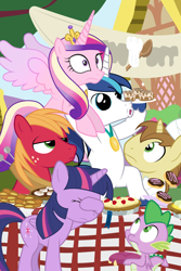 Size: 1200x1800 | Tagged: safe, artist:dm29, imported from derpibooru, big macintosh, donut joe, princess cadance, shining armor, spike, twilight sparkle, alicorn, dragon, earth pony, pony, unicorn, big macintosh is not amused, cinnamon bun, donut, epic wife tossing, facehoof, female, food, male, mare, medal, pie, ponyville, stallion, this will end in a night on the couch, twilight sparkle (alicorn), twilight sparkle is not amused, unamused