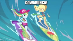 Size: 888x499 | Tagged: safe, artist:mlpfan3991, edit, edited screencap, imported from derpibooru, screencap, applejack, rainbow dash, human, blue crushed, equestria girls, equestria girls series, applejack's beach shorts swimsuit, caption, clothes, duo, female, image macro, imgflip, rainbow dash's beach shorts swimsuit, surfboard, surfing, swimsuit, text