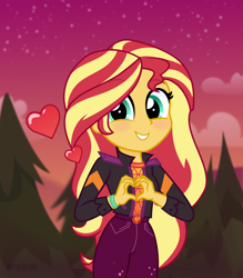 Size: 6000x6843 | Tagged: safe, artist:n0kkun, imported from derpibooru, sunset shimmer, human, equestria girls, belt, blushing, clothes, cloud, cute, denim, female, grin, heart, heart hands, jacket, jeans, leather, leather jacket, looking at you, pants, shimmerbetes, show accurate, sky, smiling, solo, tree