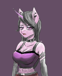 Size: 1400x1700 | Tagged: safe, artist:zachc, imported from derpibooru, izzy moonbow, anthro, unicorn, alternate hairstyle, breasts, cleavage, clothes, collar, ear piercing, evening gloves, female, fishnet clothing, g5, gloves, goth, goth izzy, long gloves, piercing, simple background, solo