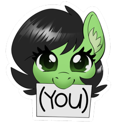 Size: 870x900 | Tagged: safe, artist:taytinabelle, derpibooru exclusive, imported from derpibooru, oc, oc:filly anon, earth pony, pony, (you), bust, ear fluff, female, filly, looking at you, mare, mouth hold, sign, simple background, smiling, solo, transparent background