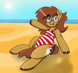 Size: 1526x1427 | Tagged: safe, artist:n-o-n, imported from derpibooru, oc, oc only, oc:pencil test, earth pony, pony, succubus, beach, clothes, dot eyes, earth pony oc, fat, female, glasses, one-piece swimsuit, smiling, solo, swimsuit, thick eyebrows, waving