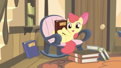 Size: 1334x750 | Tagged: safe, imported from derpibooru, screencap, apple bloom, earth pony, pony, season 4, somepony to watch over me, apple bloom's bow, book, bow, female, filly, foal, hair bow, looking at you