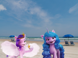 Size: 1920x1440 | Tagged: safe, artist:a-new-generation-in-real-life fan, imported from derpibooru, izzy moonbow, pipp petals, pegasus, pony, unicorn, cellphone, daytona beach, duo, female, florida, g5, irl, looking at you, mare, my little pony: a new generation, open mouth, phone, photo, ponies in real life, smiling, stock vector, story included