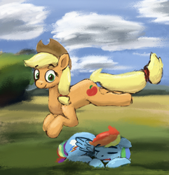 Size: 2330x2421 | Tagged: safe, artist:phutashi, imported from derpibooru, applejack, rainbow dash, earth pony, pegasus, pony, atg 2022, eyes closed, female, jumping, looking at you, lying down, mare, newbie artist training grounds, prone, silly, sleeping, smiling, smiling at you
