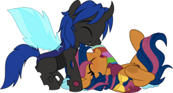 Size: 5000x2692 | Tagged: safe, artist:jhayarr23, imported from derpibooru, oc, oc only, oc:solar comet, oc:swift dawn, changeling, pegasus, pony, bandana, blue changeling, boop, bow, changeling oc, clothes, commission, cute, disguised changedling, duo, eyelashes, eyes closed, fangs, femboy, freckles, frog (hoof), hair bow, male, ocbetes, pegasus oc, scrunchy face, show accurate, simple background, socks, stallion, transparent background, trap, underhoof, wings, ych result