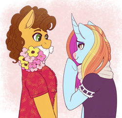 Size: 1280x1245 | Tagged: safe, artist:hahyh, imported from derpibooru, cheese sandwich, sassy saddles, earth pony, pony, unicorn, bouquet, bouquet of flowers, clothes, female, flower, male, mare, sassysandwich, shipping, stallion, straight