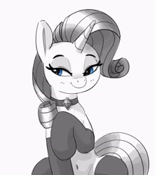 Size: 2437x2756 | Tagged: safe, artist:pabbley, imported from derpibooru, rarity, pony, unicorn, belly button, black and white, choker, clothes, female, grayscale, lidded eyes, mare, monochrome, partial color, simple background, smiling, socks, thigh highs, white background