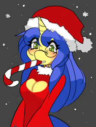 Size: 846x1119 | Tagged: safe, artist:saikoot, imported from derpibooru, oc, oc only, oc:logical leap, anthro, anthro oc, blushing, boob window, breasts, candy, candy cane, christmas, cleavage, female, food, glasses, hat, holiday, mouth hold, round glasses, santa hat, simple background, snow, snowfall, solo, wholesome