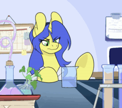 Size: 550x488 | Tagged: safe, artist:slimewiz, imported from derpibooru, oc, oc only, oc:logical leap, animated, beaker, chemistry, clothes, danger, explosion, gif, glasses, lab coat, nerd, nerd pony, round glasses, science