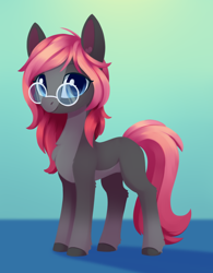 Size: 1888x2424 | Tagged: safe, artist:dusthiel, imported from derpibooru, oc, oc only, oc:soulful mirror, earth pony, pony, abstract background, chest fluff, female, glasses, leg fluff, looking at you, mare, pale belly, solo