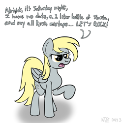 Size: 2000x2000 | Tagged: safe, artist:dafiltafish, imported from derpibooru, derpy hooves, pegasus, pony, atg 2022, female, futurama, mare, newbie artist training grounds, quote, rush, simple background, solo, speech bubble, white background