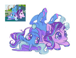 Size: 640x490 | Tagged: safe, artist:webkinzworldz, imported from derpibooru, starlight glimmer, trixie, pony, unicorn, to change a changeling, cape, clothes, cute, diatrixes, female, glimmerbetes, hat, horn, leonine tail, mare, scene interpretation, screencap reference, simple background, tail, trixie's cape, trixie's hat, unshorn fetlocks, white background