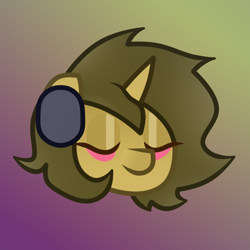 Size: 2460x2460 | Tagged: safe, anonymous artist, imported from derpibooru, oc, oc only, oc:sagiri himoto, pony, unicorn, pony town, base used, blushing, brown coat, brown mane, bust, eyes closed, green mane, headphones, horn, portrait, smiling, solo, unicorn oc