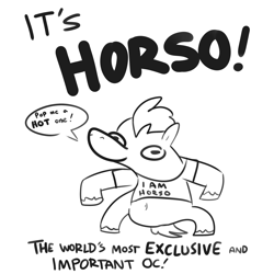 Size: 2250x2250 | Tagged: safe, artist:tjpones, imported from derpibooru, oc, oc:horso, earth pony, pony, belly button, black and white, clothes, grayscale, male, monochrome, shirt, simple background, solo, speech bubble, stallion, white background, wtf