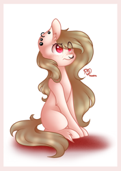 Size: 650x920 | Tagged: safe, artist:prettyshinegp, imported from derpibooru, oc, oc only, earth pony, pony, ear piercing, earring, earth pony oc, eye clipping through hair, female, jewelry, mare, nose piercing, nose ring, piercing, signature, simple background, sitting, white background