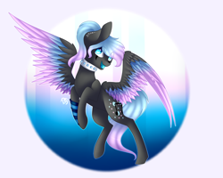 Size: 2000x1600 | Tagged: safe, artist:prettyshinegp, imported from derpibooru, oc, oc only, oc:frosty music, pegasus, pony, choker, eye clipping through hair, female, flying, mare, pegasus oc, signature, smiling, solo, spiked choker