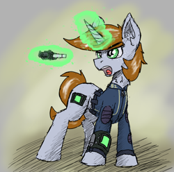 Size: 1704x1688 | Tagged: safe, artist:reddthebat, imported from derpibooru, oc, oc only, oc:littlepip, pony, unicorn, fallout equestria, clothes, ear fluff, female, glowing, glowing horn, gun, handgun, horn, jumpsuit, magic, mare, pipbuck, revolver, solo, telekinesis, vault suit, weapon