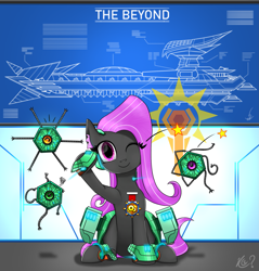 Size: 2009x2100 | Tagged: safe, artist:questionmarkdragon, imported from derpibooru, oc, oc only, earth pony, pony, earth pony oc, one eye closed, salute, signature, smiling, solo, spaceship, wink