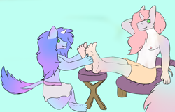 Size: 2800x1800 | Tagged: safe, artist:quickcast, imported from derpibooru, oc, oc only, anthro, plantigrade anthro, unicorn, blue background, clothes, duo, feet, fetish, foot fetish, foot massage, horn, male nipples, nipples, partial nudity, simple background, sitting, smiling, stool, topless, unicorn oc