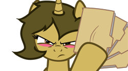 Size: 3840x2154 | Tagged: safe, anonymous editor, artist:the-pegasus-katja, imported from derpibooru, oc, oc only, oc:sagiri himoto, pony, unicorn, angry, annoyed, blushing, brown coat, brown eyes, brown mane, disappointed, disgusted, ears, ears up, file, green mane, horn, simple background, solo, transparent background, unicorn oc