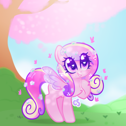 Size: 1500x1500 | Tagged: safe, artist:cutiesparke, imported from derpibooru, princess cadance, butterfly, pegasus, pony, bush, cherry blossoms, cloud, female, flower, flower blossom, flower in hair, grass, hill, hoof heart, hoof on chest, looking up, pegasus cadance, raised hoof, shiny eyes, sky, smiling, solo, sparkles, sparkly eyes, spread wings, tree, wingding eyes, wings, young cadance