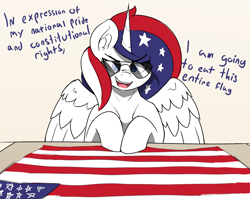 Size: 3172x2520 | Tagged: safe, artist:czu, imported from derpibooru, oc, oc only, alicorn, pony, american flag, dialogue, looking at you, nation ponies, open mouth, open smile, patriotic, ponified, smiling, sunglasses, united states