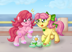 Size: 3478x2498 | Tagged: safe, artist:background basset, imported from derpibooru, earth pony, pegasus, pony, bow, cute, daisy (flower), duo, earth pony magic, female, flower, g5, hair bow, lesbian, magic, mare, my little pony: tell your tale, ponytail, posey bloom, poseywind, rearing, shipping, shipping fuel, smiling, spread wings, surprised, tail, tail bow, tongue out, windy (g5), wings