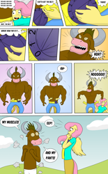 Size: 3656x5886 | Tagged: safe, artist:matchstickman, imported from derpibooru, fluttershy, oc, anthro, minotaur, pegasus, comic:now i'm a jerk, abs, belt, comic, female, male, mare, muscles, pecs, shrinking, skinny, speech bubble, the tick