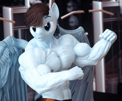 Size: 3600x3000 | Tagged: safe, artist:dashie116, imported from derpibooru, oc, oc only, oc:calm wind, anthro, pegasus, 3d, abs, biceps, bodybuilder, commission, deltoids, flexing, gym, male, muscles, muscular male, pecs, solo, stallion