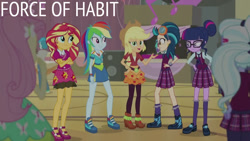 Size: 1280x720 | Tagged: safe, edit, edited screencap, editor:quoterific, imported from derpibooru, screencap, applejack, dj pon-3, fluttershy, indigo zap, rainbow dash, sci-twi, sugarcoat, sunset shimmer, twilight sparkle, vinyl scratch, human, equestria girls, friendship games, applejack's hat, canterlot high, clothes, cowboy hat, crossed arms, crystal prep academy uniform, female, friendship games bloopers, friendship games outfit, glasses, hairpin, hand on hip, hat, magic capture device, male, necktie, open mouth, open smile, school uniform, shoes, smiling, text