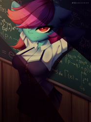 Size: 2240x3000 | Tagged: safe, artist:shavurrr, imported from derpibooru, oc, oc only, oc:nohra, anthro, earth pony, calculus, chalkboard, classroom, clothes, commission, female, logic, looking at you, math, school uniform, sigma notation, skirt, smiling, solo, sunset, two toned mane, ych result