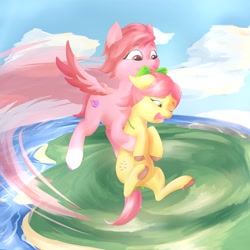 Size: 4096x4096 | Tagged: safe, artist:felldeal, imported from derpibooru, earth pony, pegasus, pony, duo, female, flying, g5, holding a pony, lesbian, mare, my little pony: make your mark, one eye closed, open mouth, posey bloom, poseywind, scared, shipping, windy (g5)