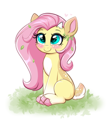 Size: 2622x3000 | Tagged: safe, artist:confetticakez, imported from derpibooru, fluttershy, deer, blushing, cute, deerified, female, flutterdeer, grass, horns, pale belly, shyabetes, sitting, smiling, solo, species swap, unshorn fetlocks, white belly