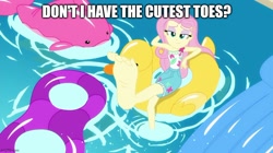 Size: 888x499 | Tagged: safe, edit, edited screencap, imported from derpibooru, screencap, fluttershy, human, equestria girls, i'm on a yacht, spoiler:eqg series (season 2), babs bunny, barefoot, caption, feet, flutterfeet, image macro, soles, text, tiny toon adventures, wiggling toes