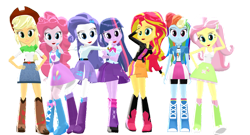 Size: 1024x552 | Tagged: safe, artist:frede15, imported from derpibooru, applejack, fluttershy, pinkie pie, rainbow dash, rarity, sunset shimmer, twilight sparkle, human, equestria girls, 3d, armpits, bare shoulders, clothes, humane five, humane six, simple background, sleeveless, solo, tanktop, transparent background