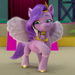 Size: 775x775 | Tagged: safe, imported from derpibooru, screencap, pipp petals, pegasus, pony, spoiler:my little pony: make your mark, adorapipp, cropped, cute, female, g5, headband, hoof hold, mare, microphone, my little pony: make your mark, my little pony: make your mark chapter 1, smiling, solo, spread wings, unshorn fetlocks, wings