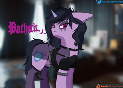 Size: 1464x1040 | Tagged: safe, alternate version, artist:syntiset, imported from derpibooru, izzy moonbow, pony, unicorn, alternate hair color, alternate hairstyle, bedroom eyes, belt, black lipstick, black mane, black tail, boosty, boosty link, boosty logo, chains, choker, clothes, collar, dock, dress, ear piercing, earring, eyebrows, eyebrows visible through hair, eyeshadow, female, fishnet clothing, g5, glowing, glowing eyes, goth, goth izzy, goth pony, gothic, grey hair, horn, indoors, jewelry, lipstick, looking at you, makeup, mare, multiple variants, my little pony: a new generation, necklace, panties, piercing, socks, solo, tail, text, thigh highs, torn clothes, twitter link, underwear, vulgar