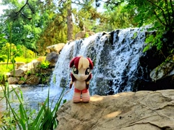 Size: 4032x3024 | Tagged: safe, artist:xeto_de, imported from derpibooru, oc, oc:vanilla cream, pony, g4, irl, nature, photo, photography, plushie, pony plushie, realistic, water, waterfall