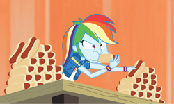 Size: 2500x1500 | Tagged: safe, artist:joeychestnutdash, edit, edited screencap, imported from derpibooru, screencap, rainbow dash, all's fair in love and friendship games, equestria girls, equestria girls series, friendship games, 4th of july, clothes, competitive eating, eating, eating contest, female, food, geode of super speed, holiday, hoodie, hot dog, jacket, magical geodes, meat, puffy cheeks, rainbow dash scarfing down wieners, sausage, shirt, solo, this will end in weight gain, wiener, wristband