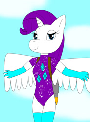 Size: 943x1280 | Tagged: safe, artist:bmigvjtdbhhb, imported from derpibooru, rarity, alicorn, anthro, alicornified, clothes, flying, jetpack, legs together, leotard, race swap, raricorn, sky, sky background, smiling, socks, spread wings, thigh highs, wings