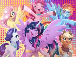 Size: 2048x1536 | Tagged: safe, artist:puyohh, imported from derpibooru, applejack, fluttershy, pinkie pie, rainbow dash, rarity, twilight sparkle, alicorn, earth pony, pegasus, pony, unicorn, abstract background, applejack's hat, bracelet, coat markings, cowboy hat, ear piercing, female, flower, flower in hair, g4, generation leap, hat, hooves, horn, jewelry, mane six, mare, neck bow, necklace, open mouth, open smile, piercing, smiling, socks (coat markings), sparkles, twilight sparkle (alicorn), unshorn fetlocks, wings