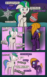 Size: 1920x3168 | Tagged: safe, artist:alexdti, imported from derpibooru, oc, oc only, oc:purple creativity, oc:star logic, pegasus, pony, unicorn, comic:quest for friendship, blushing, bowtie, clothes, comic, dialogue, dress, duo, duo male and female, ears back, female, folded wings, glasses, hair over one eye, high res, hooves, horn, looking at someone, looking back, male, mare, onomatopoeia, open mouth, open smile, outdoors, pegasus oc, raised hoof, shrunken pupils, smiling, speech bubble, stallion, standing, tail, two toned mane, two toned tail, unicorn oc, wings