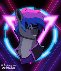 Size: 1884x2206 | Tagged: safe, artist:autumnsfur, imported from derpibooru, oc, oc only, oc:echo beats, cyber pony, earth pony, pony, artfight, artfight22, bust, clothes, cyberpunk, female, grey fur, laser, mare, mask, multicolored hair, portrait, purple background, signature, simple background, smiling, smirk, wave