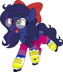 Size: 4354x5000 | Tagged: safe, artist:jhayarr23, imported from derpibooru, oc, oc only, oc:shadow twinkle, bat pony, pony, bisexual pride flag, bow, clothes, commission, cute, freckles, glasses, hair bow, heterochromia, male, open mouth, open smile, pride, pride flag, pride socks, roller skates, rollerblades, round glasses, simple background, skates, smiling, socks, solo, transparent background, ych result