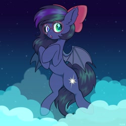 Size: 1700x1700 | Tagged: safe, artist:koapony, imported from derpibooru, oc, oc:shadow twinkle, bat pony, pony, bow, cloud, glasses, hair bow, heterochromia, round glasses, solo